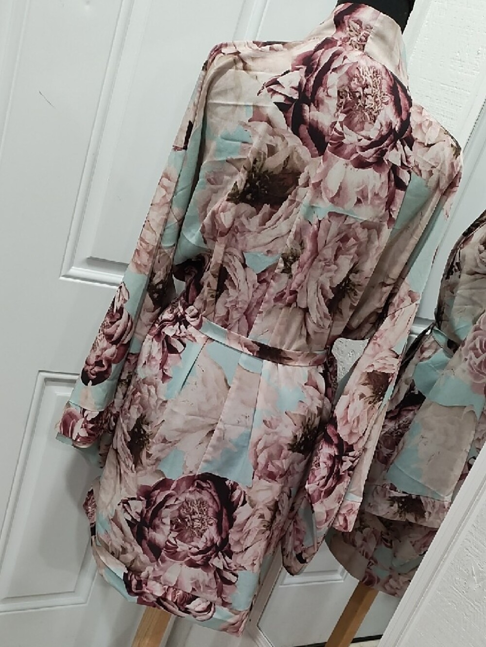 Floral Satin Kimono Robe - Blush, Mauve & Mint - Picture 2 of 7